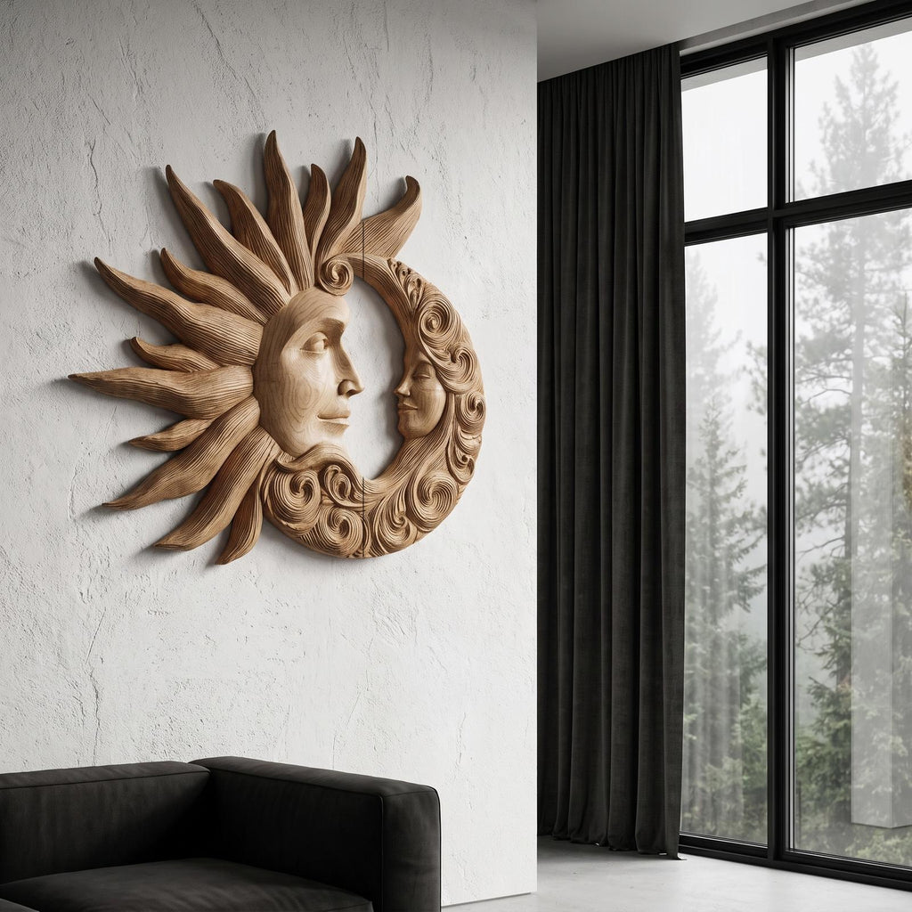 Organic Wood Wall Art With Carved Sun And Moon Design For Living Room And Bedroom