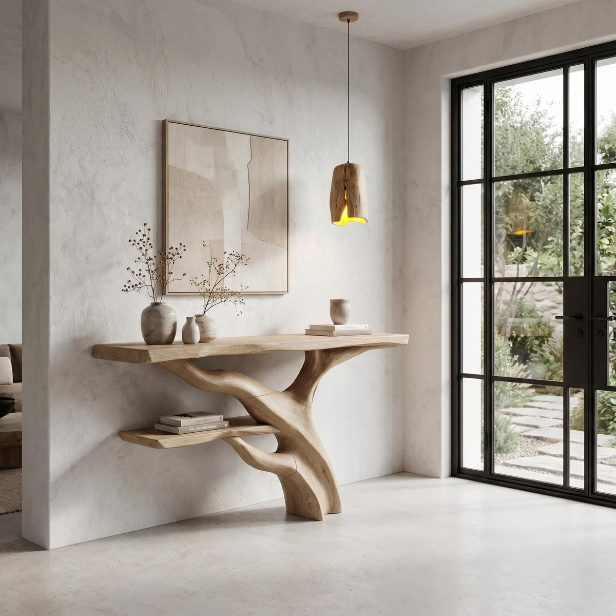 Sculptural Console Table, Abstract Tree Branch Wood Base & Solid Wood Top for Entryway & Foyer