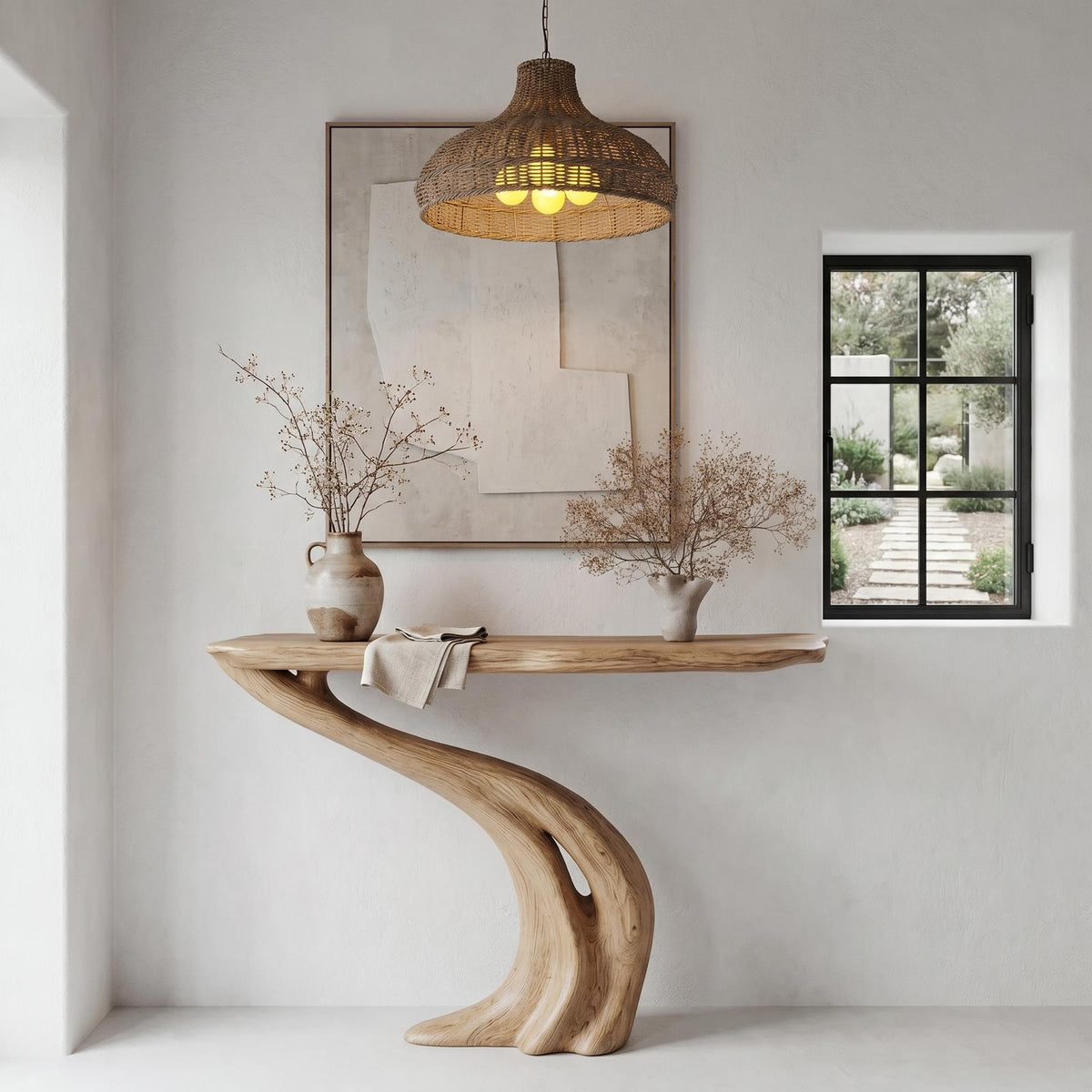 Organic Curved Console Table, Soft Flowing Solid Wood Base for Entryway, Foyer & Living Room Decor
