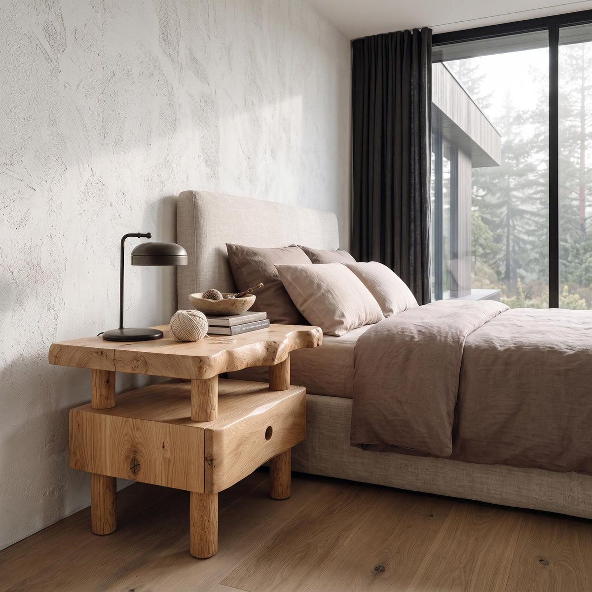 Organic Solid Wood Bedside Table With Open Shelf And Drawer SINLHANS291