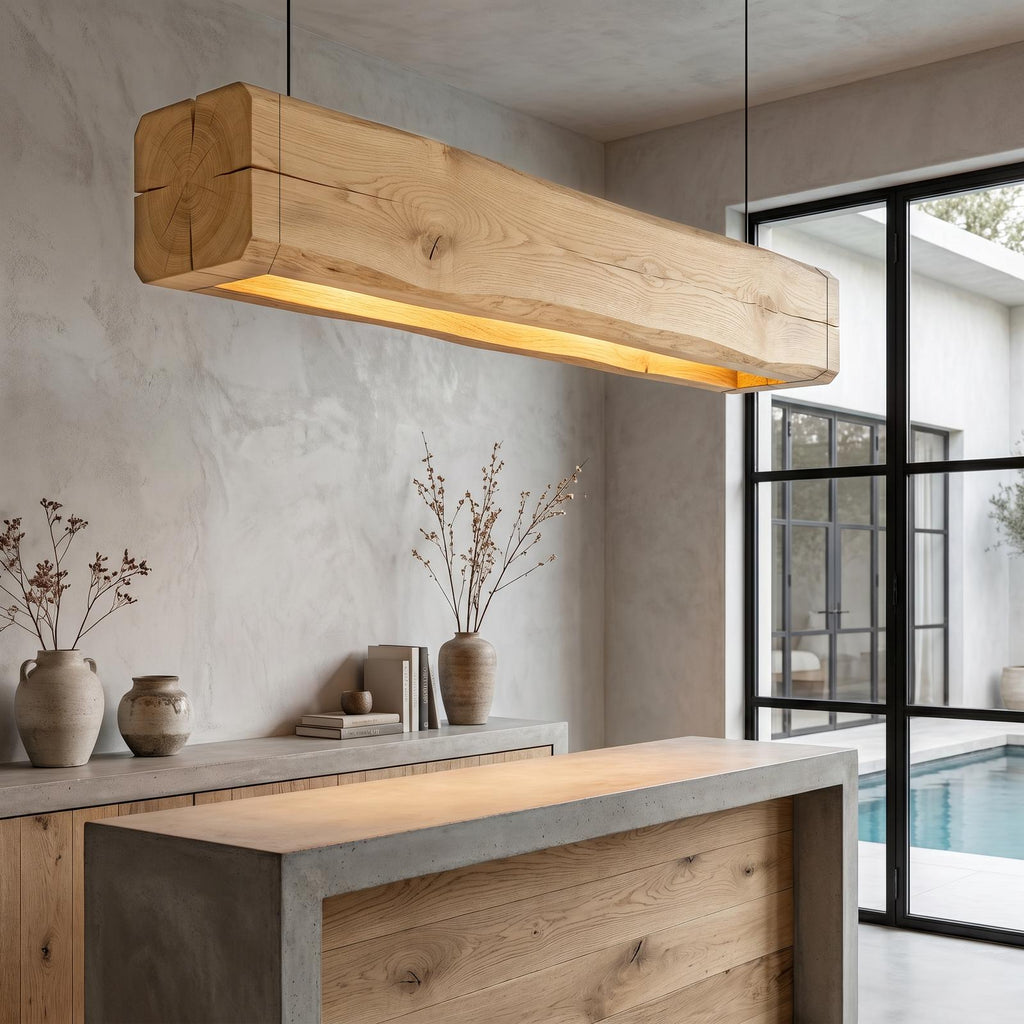 Organic Modern Pendant Light, Sculptural Wood Beam Hanging Ceiling Fixture for Kitchen Island & Living Room, Model