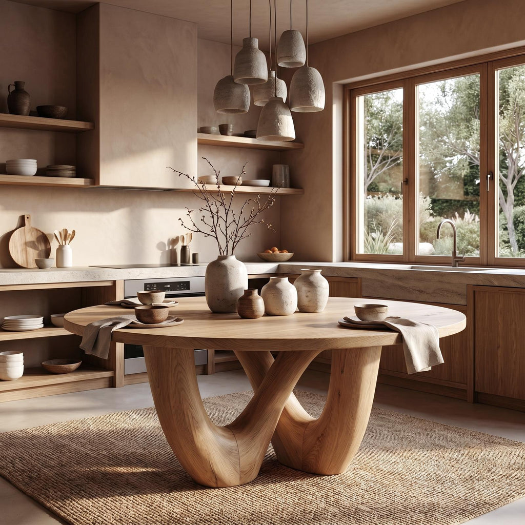 Sculptural Double Curved Base Dining Table, Handcrafted Solid Wood Dining Room & Kitchen Statement Table