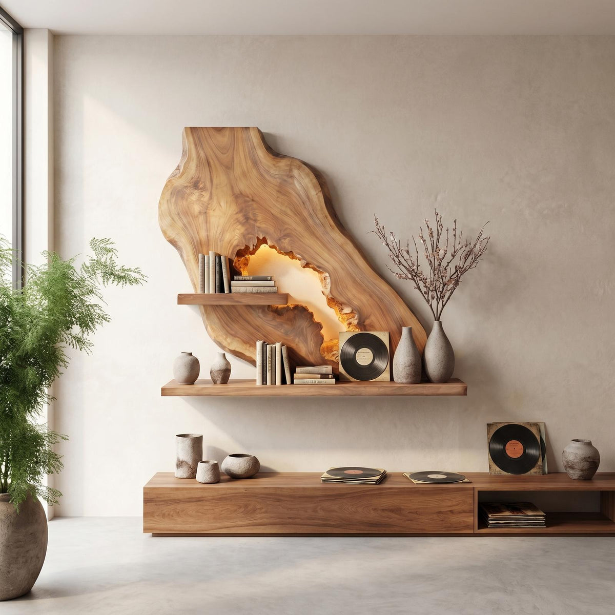 Sculptural Floating Wall Shelf, Modern Solid Wood Wave Display Ledge for Entryway, Living Room Art Decor