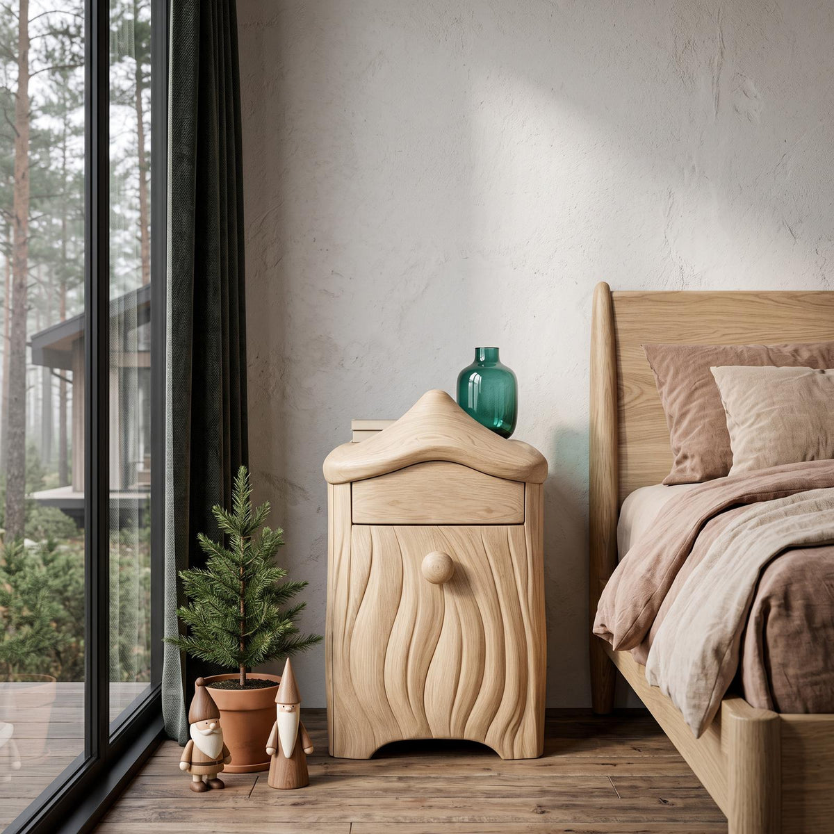 Minimalist Solid Wood Bedside Table With Artistic Door Design SINLHANS293