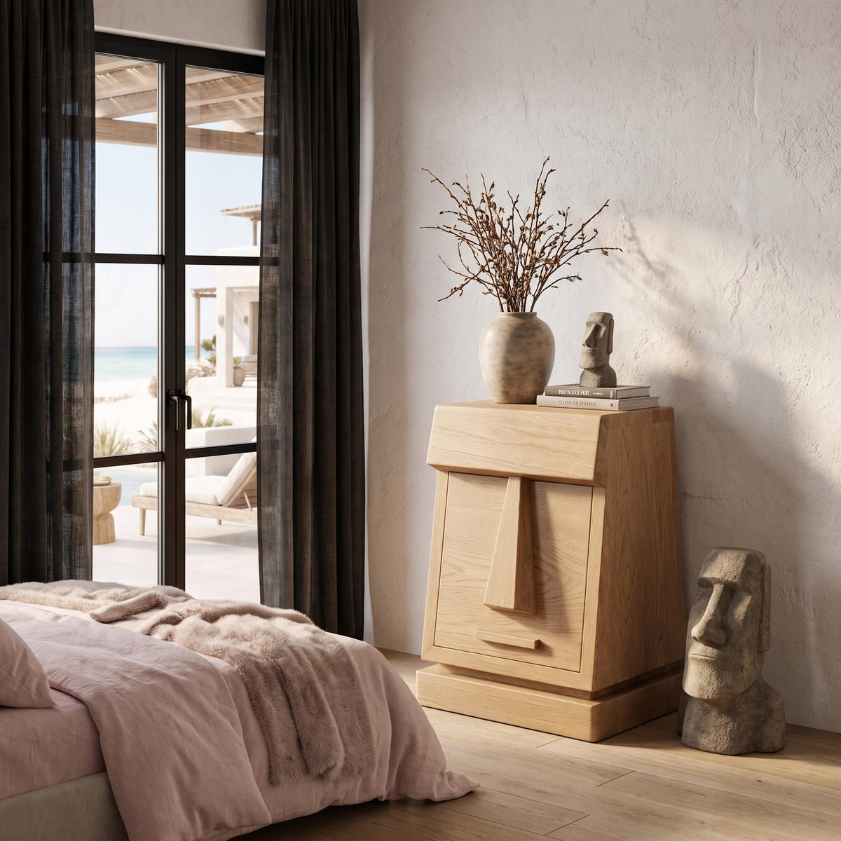 Rustic Solid Wood Bedside Table With Geometric Wooden Door SINLHANS294