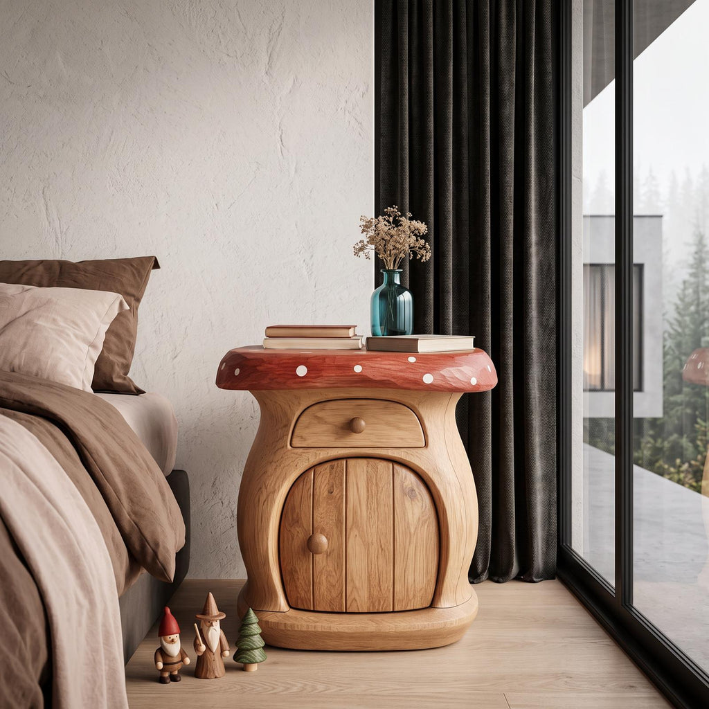 Modern Mushroom Bedside Table With Wooden Storage Door