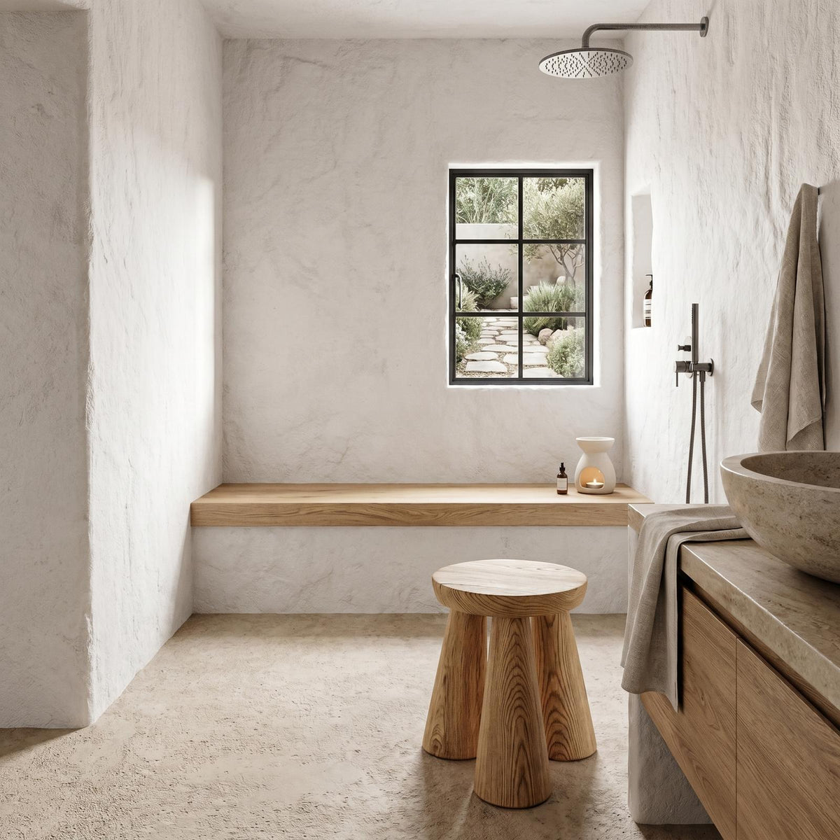 Handcrafted Solid Wood Bathroom Stool, Rustic Wooden Shower Bench & Spa Seat for Bedroom & Vanity