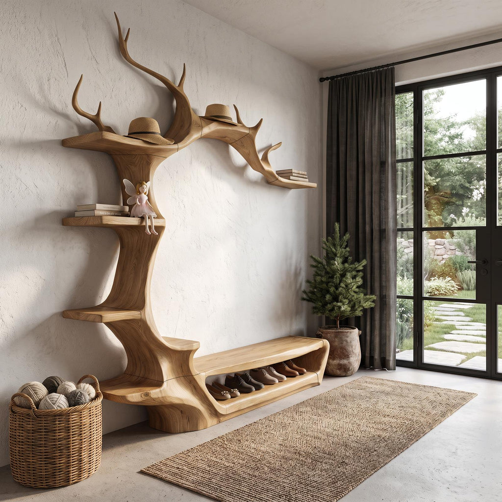 Rustic Tree Shoe Bench Wall Mounted Coat Rack For Entryway Hallway