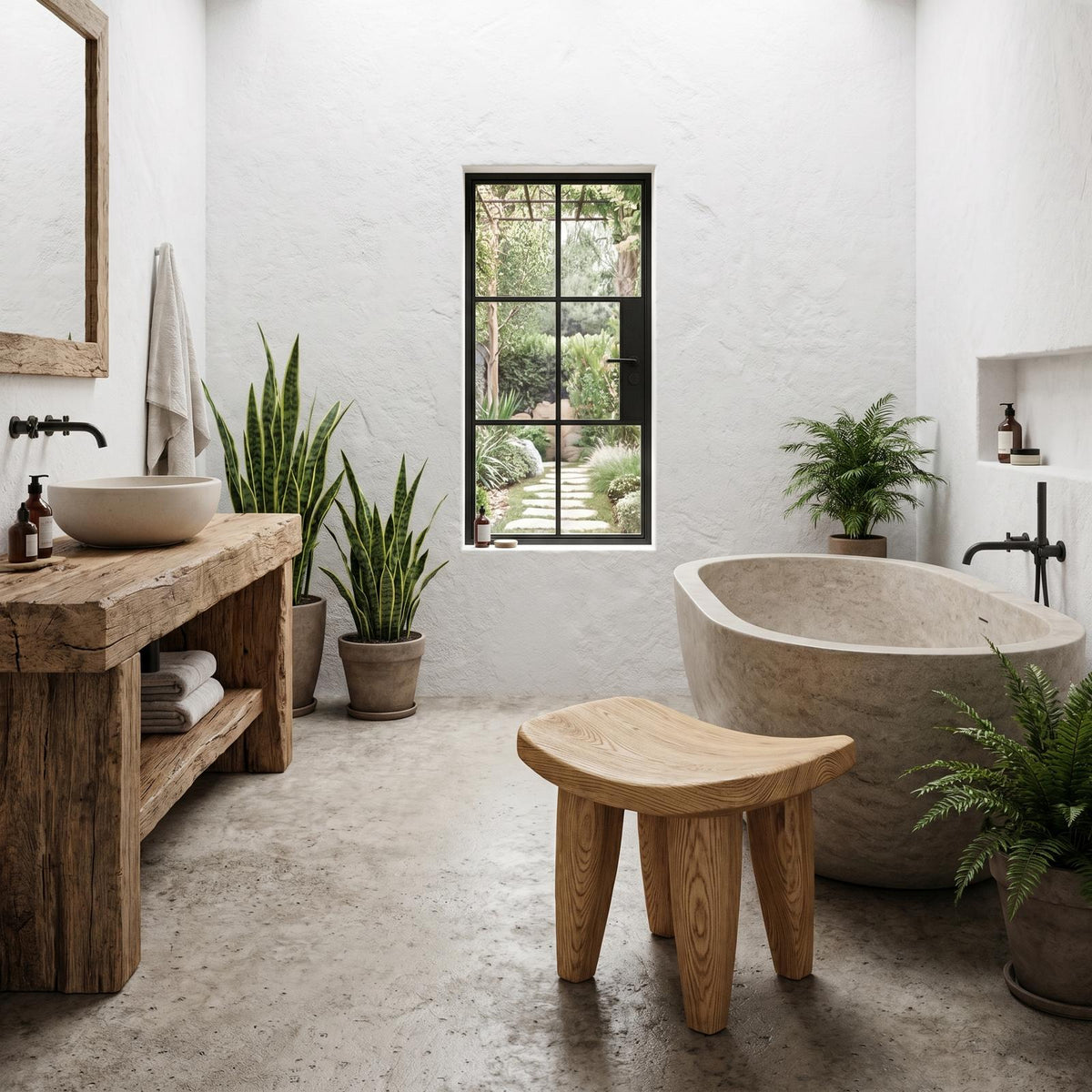 Rustic Solid Wood Stool, Artistic Sculptural Side Table and Waterproof Bath Seat for Luxury Bathroom and Living Room