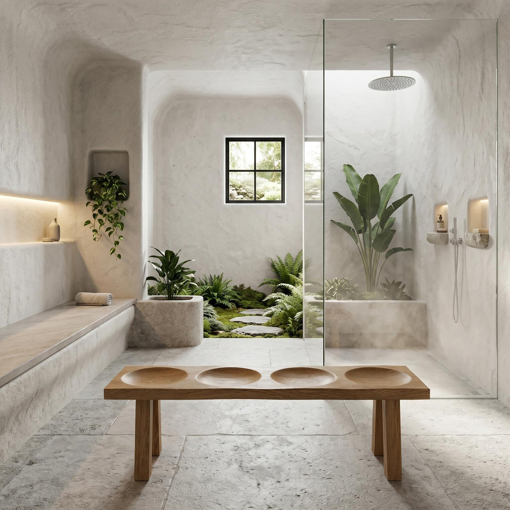 Modern Organic Wood Shower Bench, Handcrafted Waterproof Spa Bath Seat Stool for Luxury Bathroom Wet Room