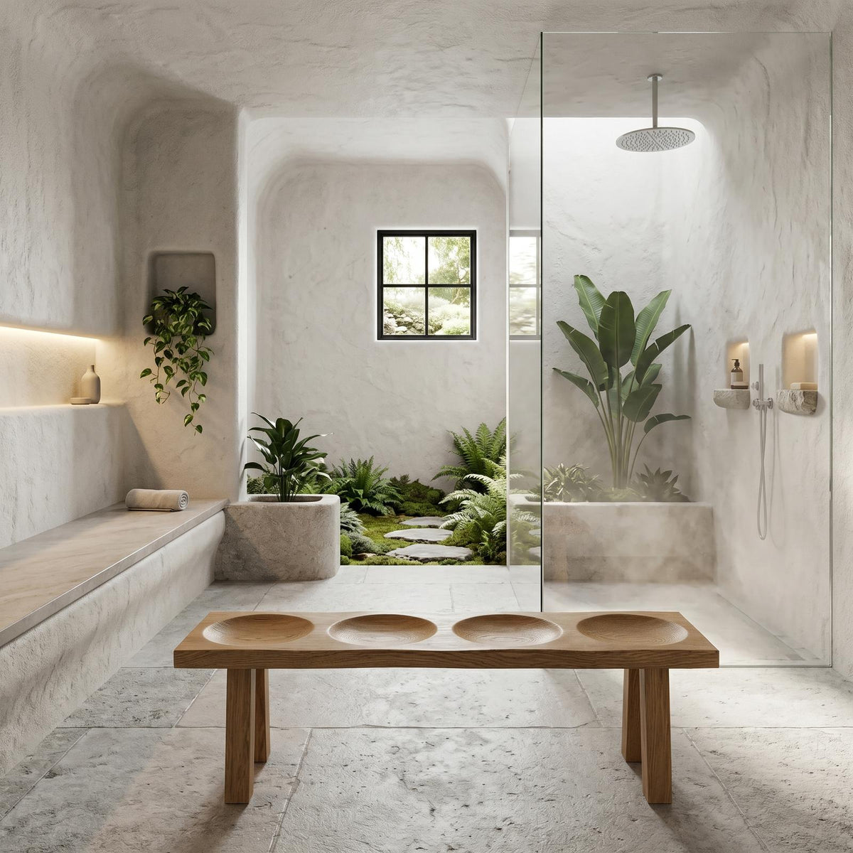 Modern Organic Wood Shower Bench, Handcrafted Waterproof Spa Bath Seat Stool for Luxury Bathroom Wet Room