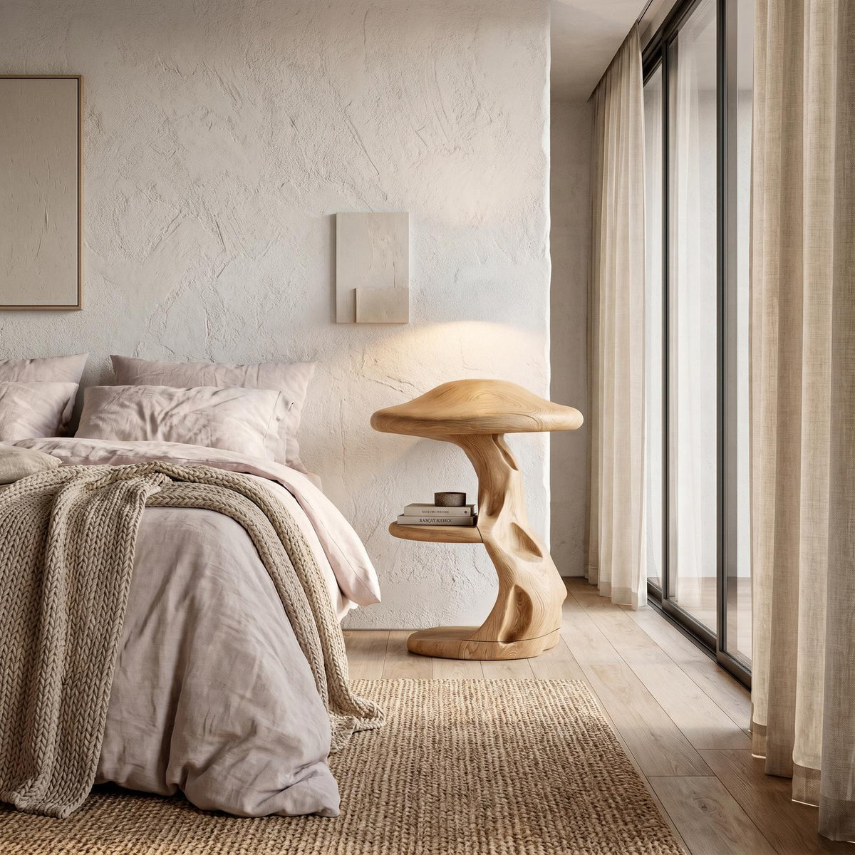 Spry Interior Rustic Mushroom Nightstand with Sculptural Tree Root Base & Built-in Drawer, Unique Solid Wood Bedside Table, SINLHABT260