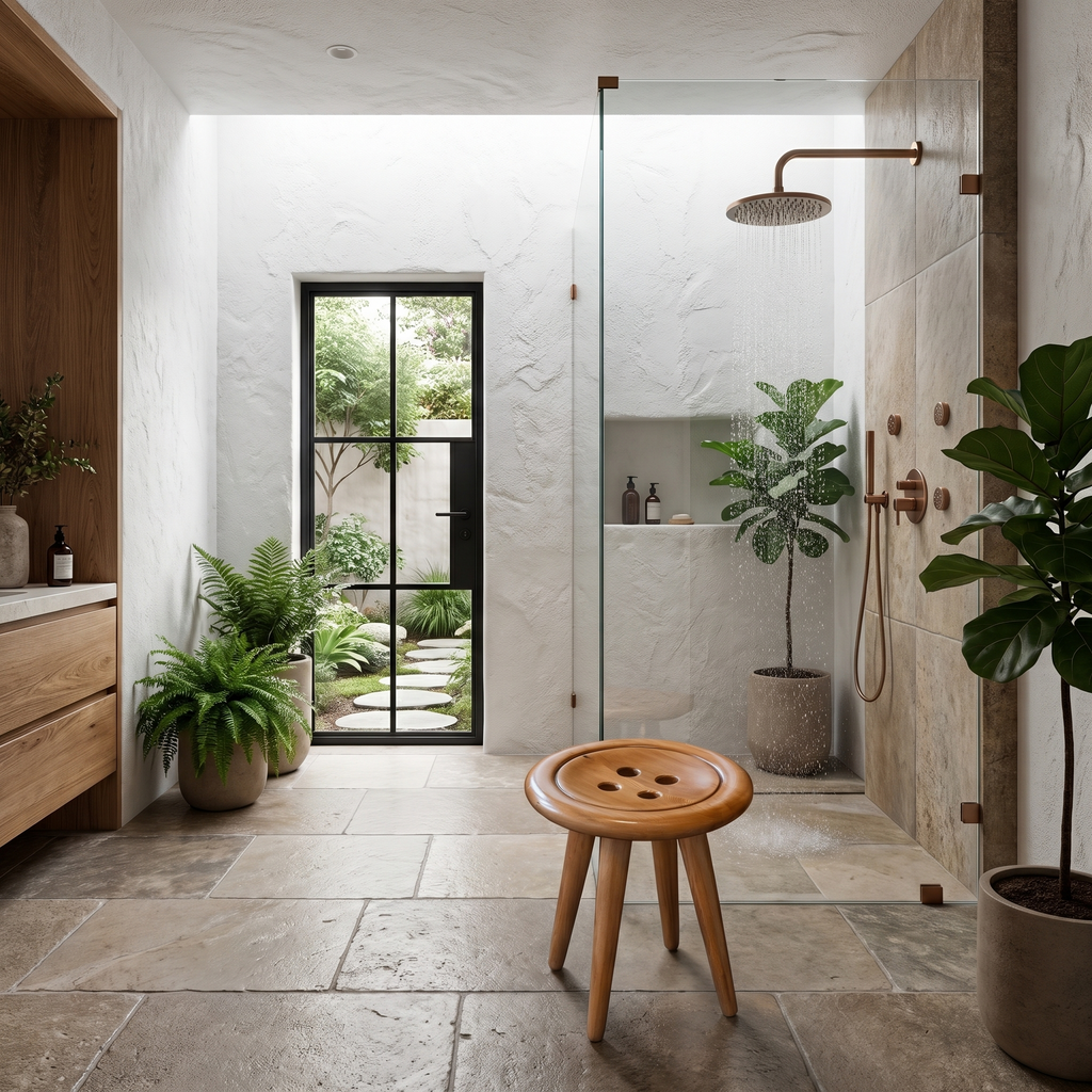 Modern Organic Wood Shower Stool, Handcrafted Waterproof Spa Bath Seat Bench for Contemporary Luxury Bathroom