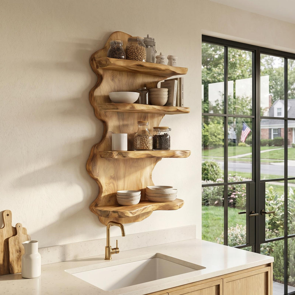 Sculptural Floating Shelf With Organic Wooden Form For Living Room And Kitchen