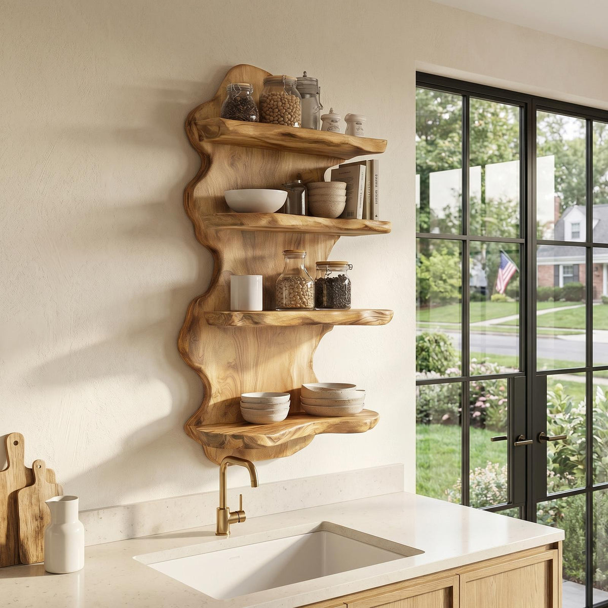 Sculptural Floating Shelf With Organic Wooden Form For Living Room And Kitchen