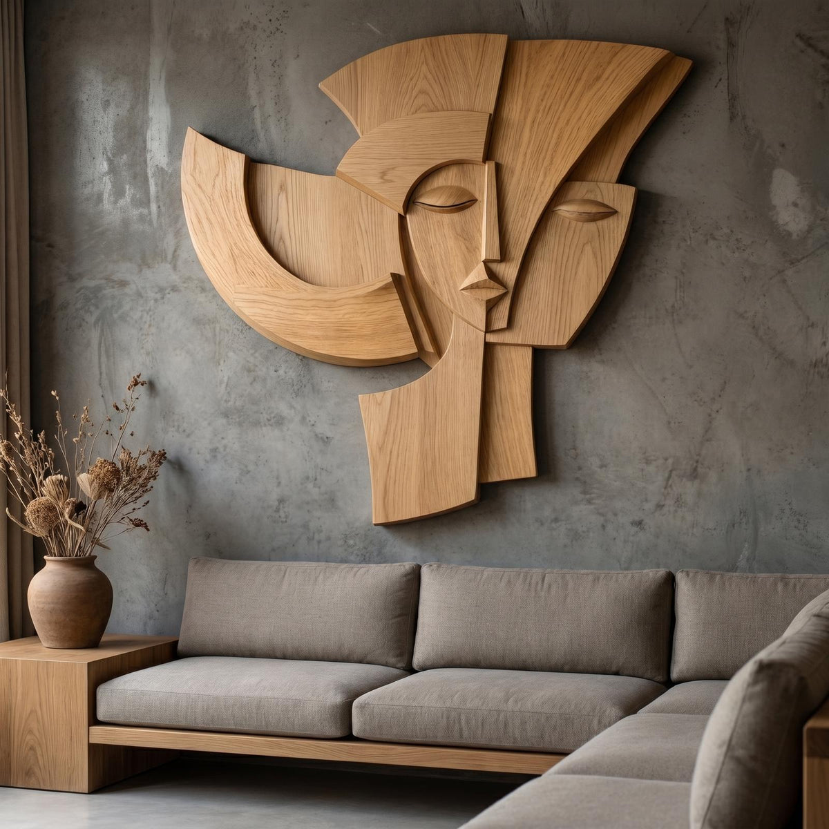 Spry Interior Abstract Wooden Face Wall Decor Panel, Handcrafted Modern Cubist Silhouette Portrait Art Sculpture for Home, SINLHAWD069