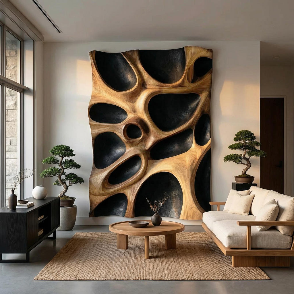 Organic Hollow Wood Wall Decor Panel, Handcrafted 3D Wooden Wall Art Sculpture for Bedroom and Living Room