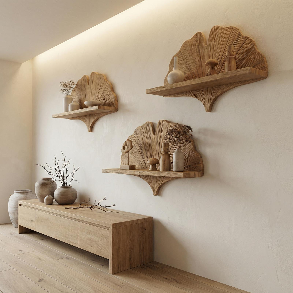 Spry Interior Fan Shape Wooden Floating Wall Shelf, Solid Wood Corner Display & Decorative Mounted Shelf for Living Room, SINLHAFL531