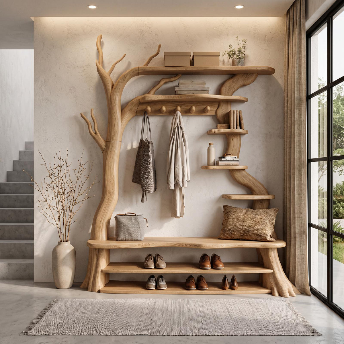 Rustic Tree Shoe Bench Coat Rack Storage Organizer For Entryway Hallway