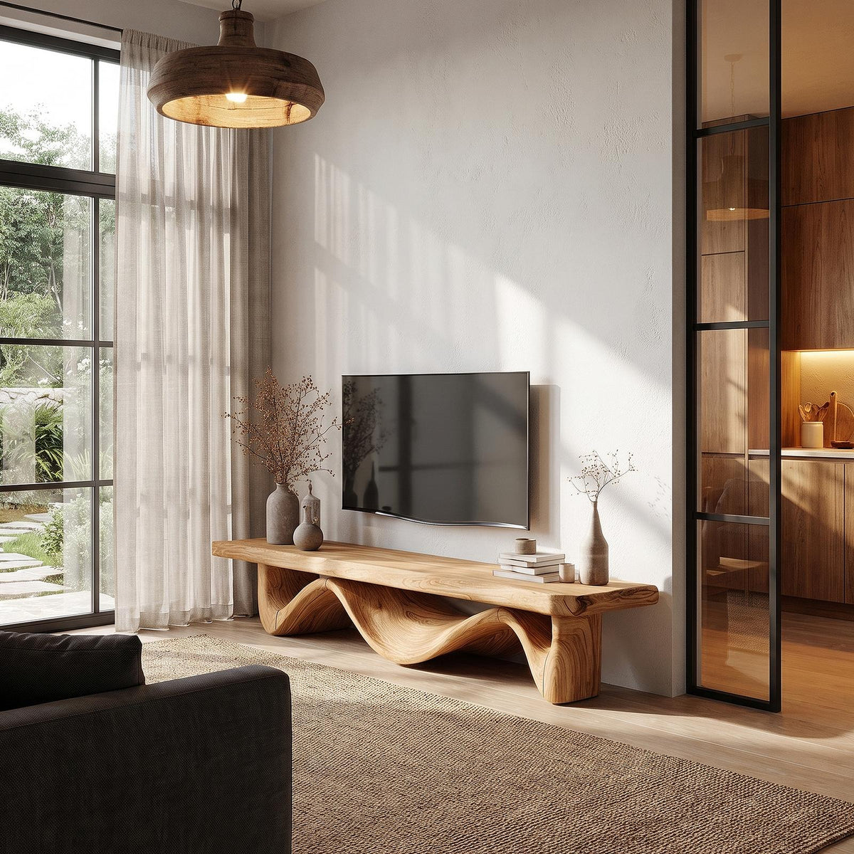 Organic Open Loop TV Cabinet Solid Wood Media Console For Living Room