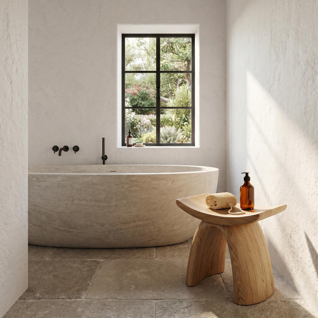 Organic Modern Solid Wood Shower Stool, Sculptural Base Waterproof Bath Seat Bench for Luxury Bathroom Spa