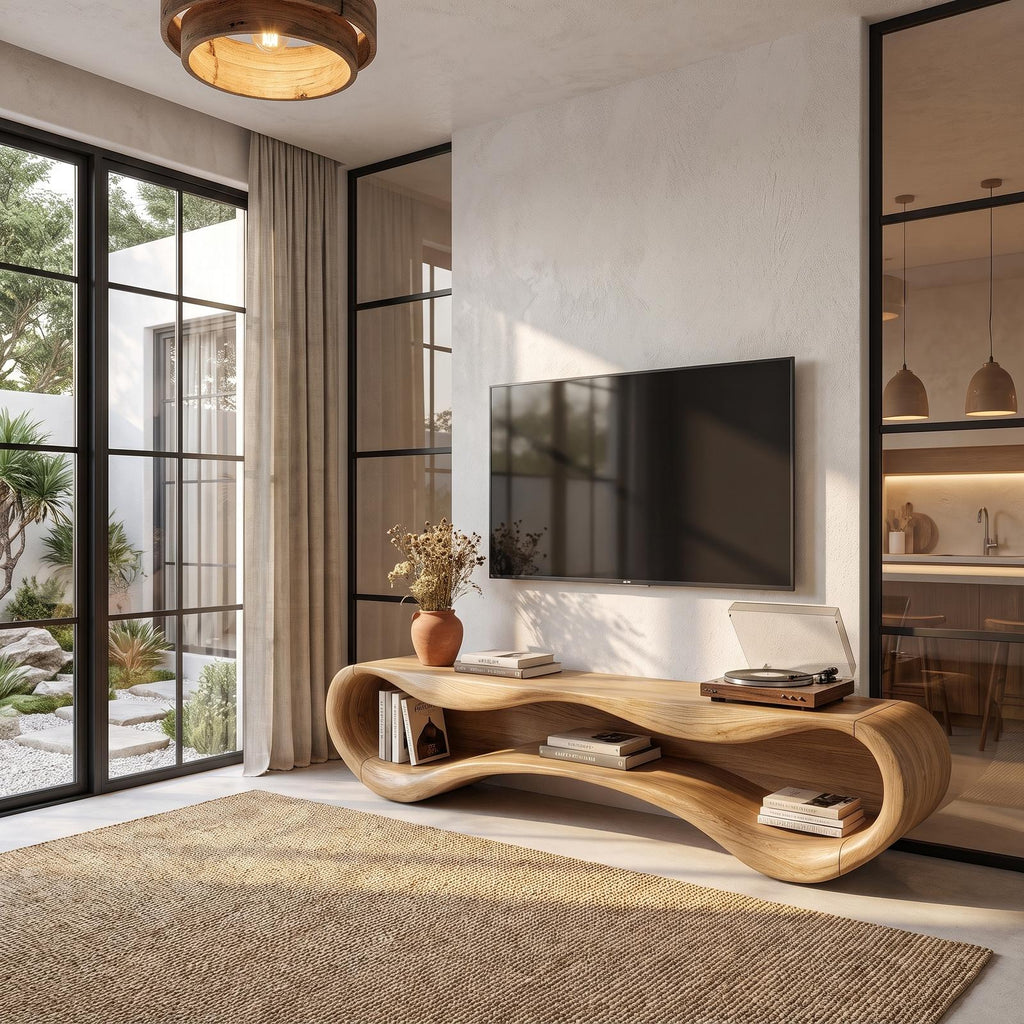 Modern Flowing Base TV Cabinet Wooden Media Unit For Living Room