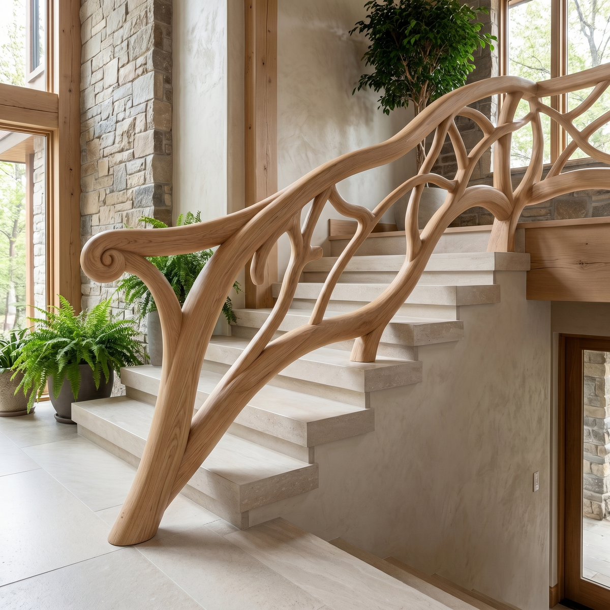 Artistic Tree Branch Stair Railing, Custom Handcrafted Sculptural Wood Handrail for Interior Staircase Remodeling