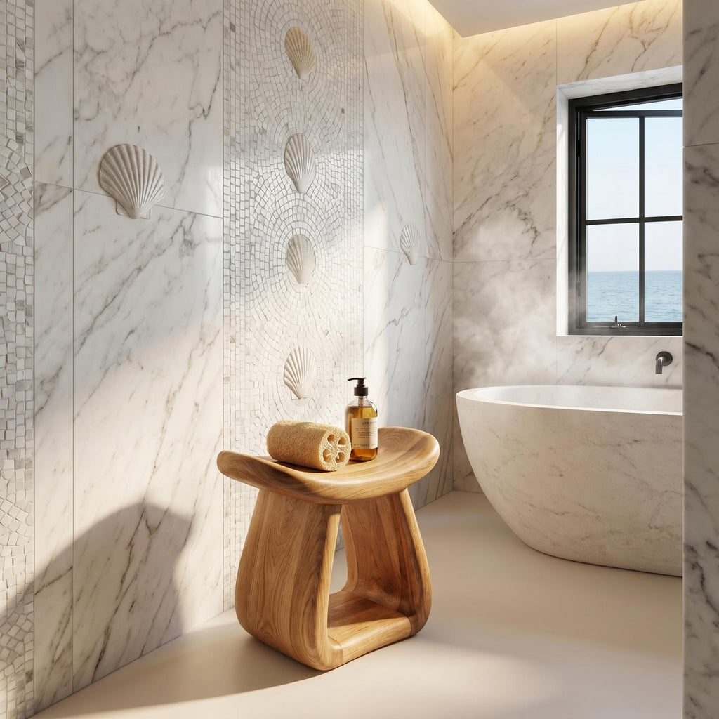 Organic Solid Wood Bath Stool, Handcrafted Pedestal Waterproof Shower Seat for Bathroom Spa and Vanity Decor