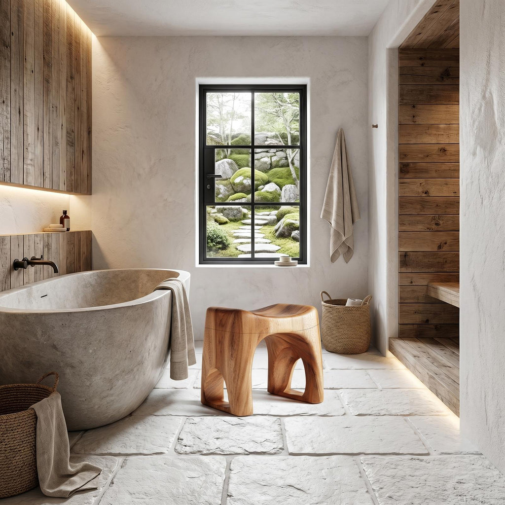 Minimalist Solid Wood Bathroom Stool, Organic Waterproof Spa Shower Bench Seat for Luxury Bathroom Decor