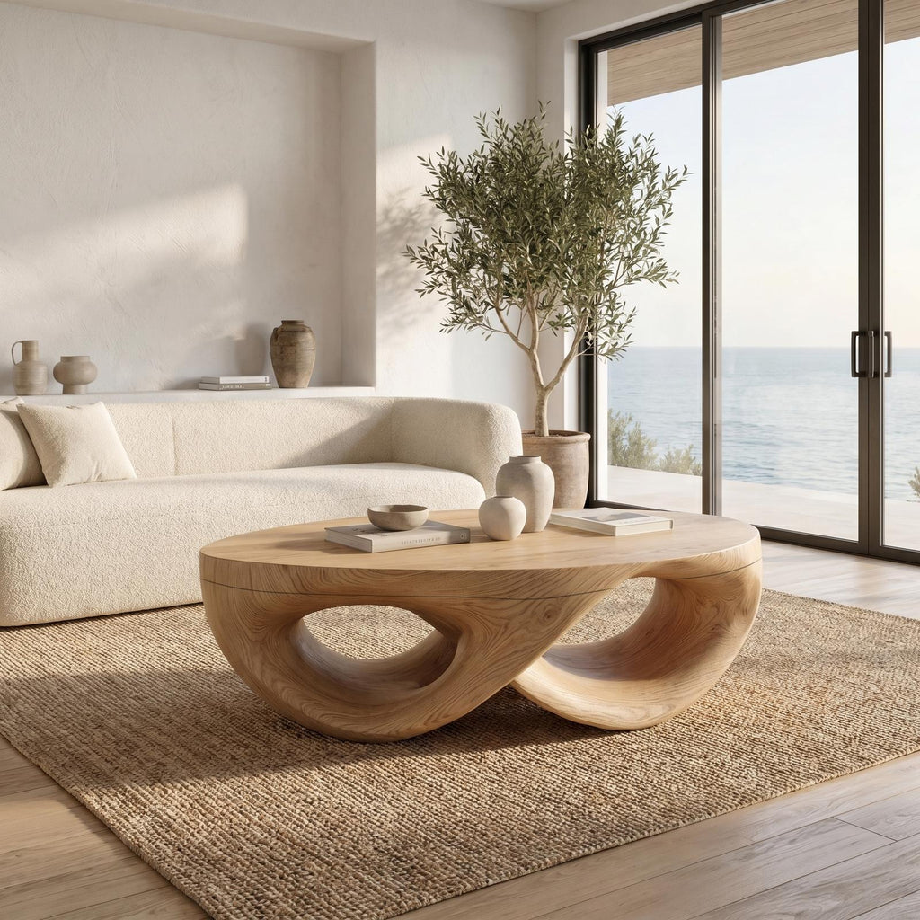 Organic Sculptural Solid Wood Coffee Table, Flowing Wood Center Table for Contemporary Living Room Lounge