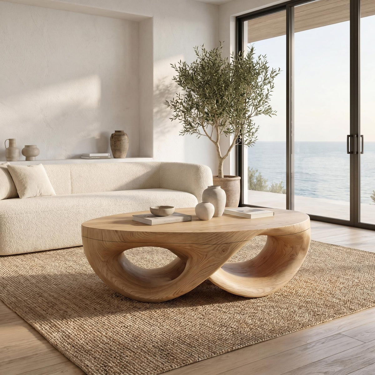 Organic Sculptural Solid Wood Coffee Table, Flowing Wood Center Table for Contemporary Living Room Lounge