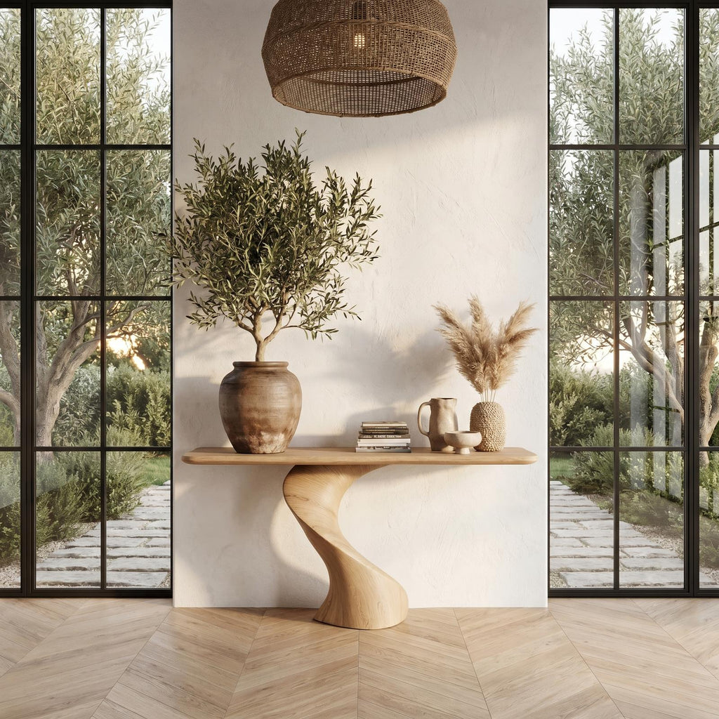 Modern Organic Console Table with Sculptural Twisted Solid Wood Base, Entryway Hallway Sofa Accent Table