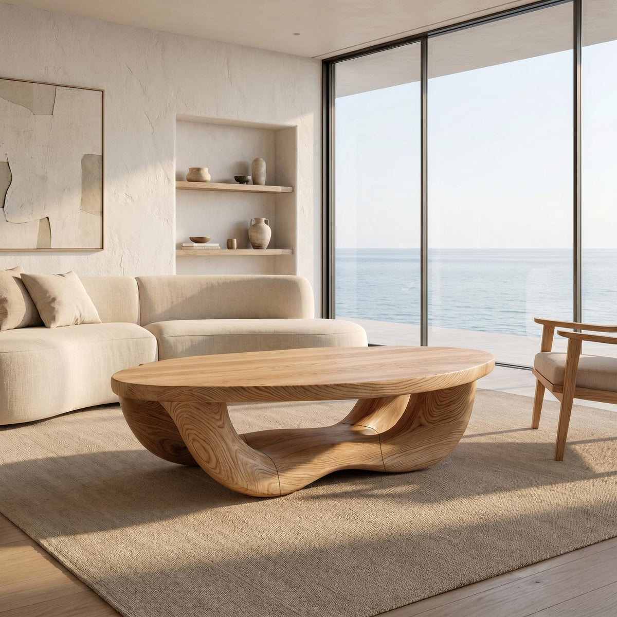 Modern Organic Coffee Table, Handcrafted Curved Solid Wood Center Table for Contemporary Living Room and Lounge