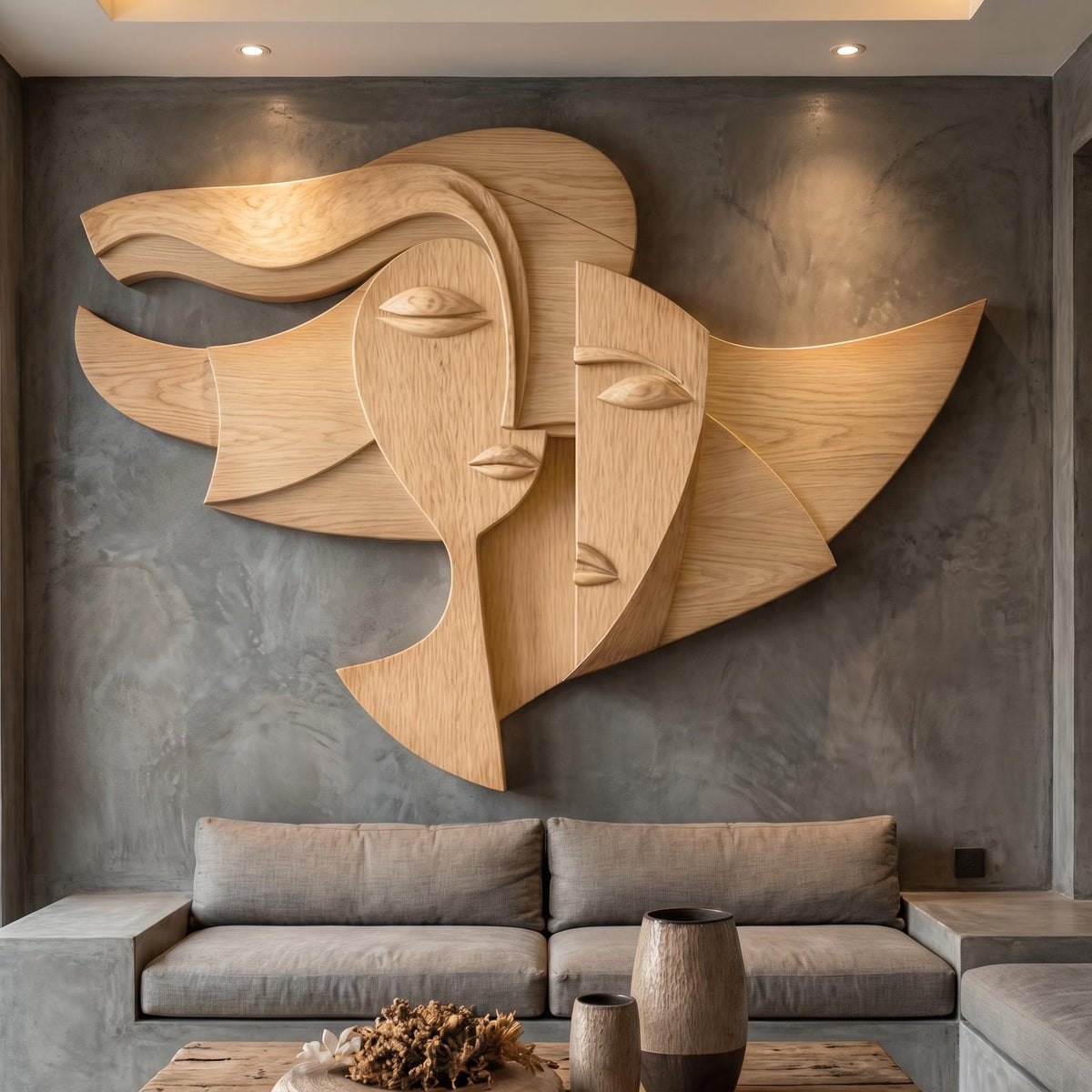 Spry Interior Cubism Style Face Wood Wall Decor Panel, Abstract Handcrafted Portrait Art Sculpture for Living Room Office, SINLHAWD070