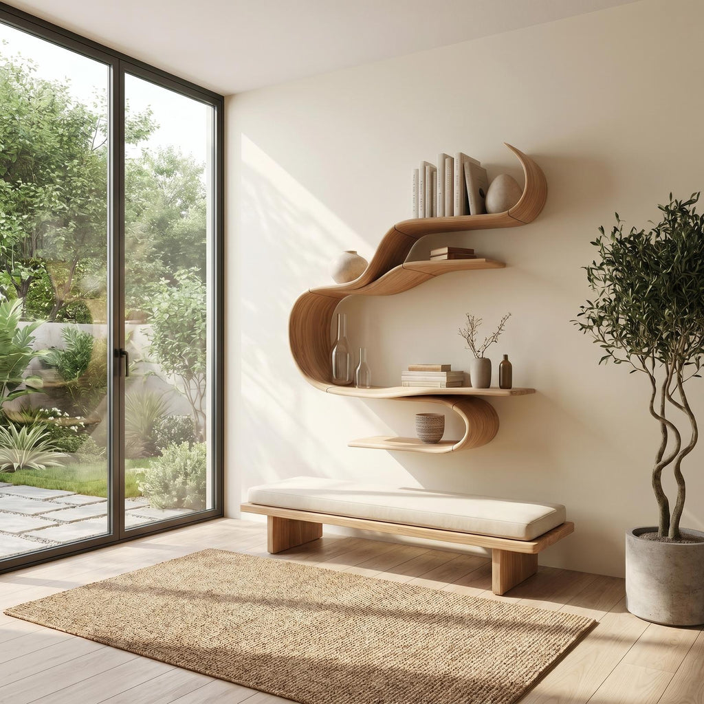 Sculptural Curved Floating Wall Shelf, Modern Solid Wood Display Shelf for Living Room, Bedroom Decor