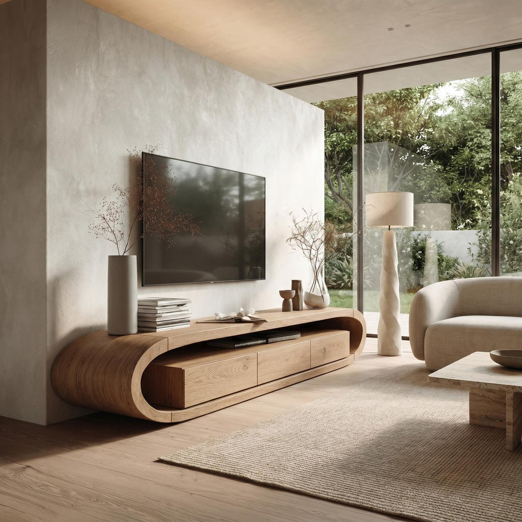 Organic TV Cabinet, Curved Solid Wood Media Console Table with Built-in Drawer Storage for Living Room