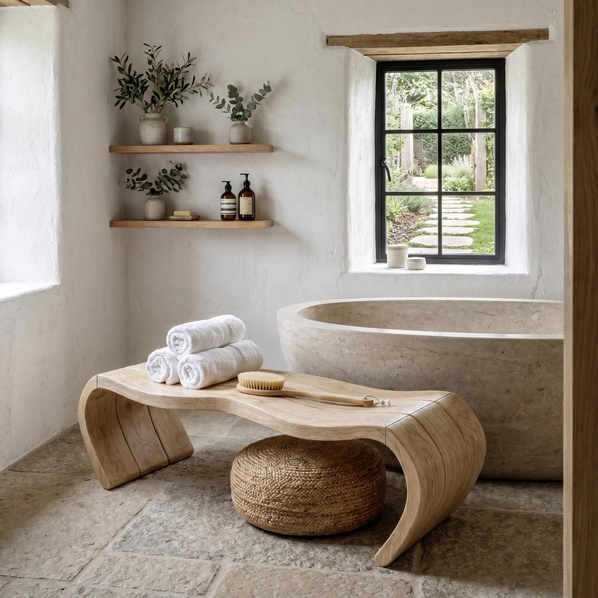 Handcrafted Solid Wood Shower Bench, Waterproof Spa Bath Seat Stool for Bathroom and Sauna, Natural Finish