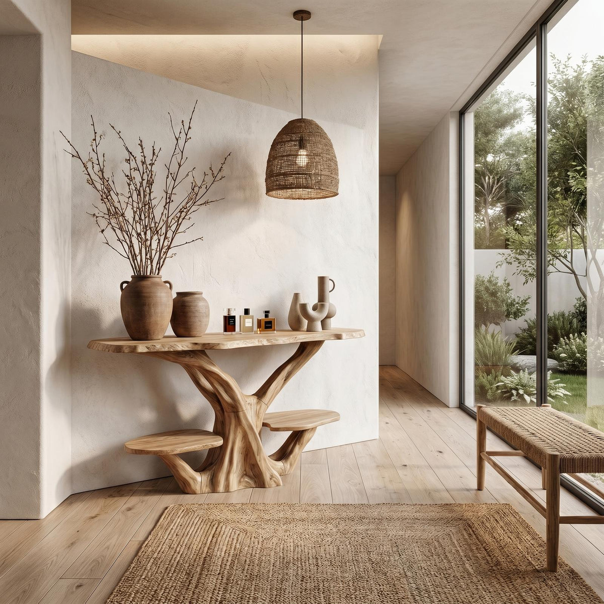 Organic Console Table, Natural Tree Branch Shaped Solid Wood Base Accent Table for Entryway Foyer & Living Room