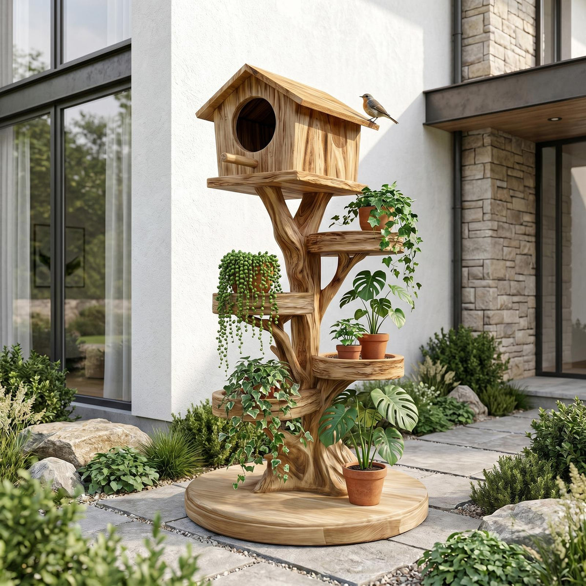 Rustic Tree Birdhouse With Built In Plant Stand For Garden SINLHAGD007