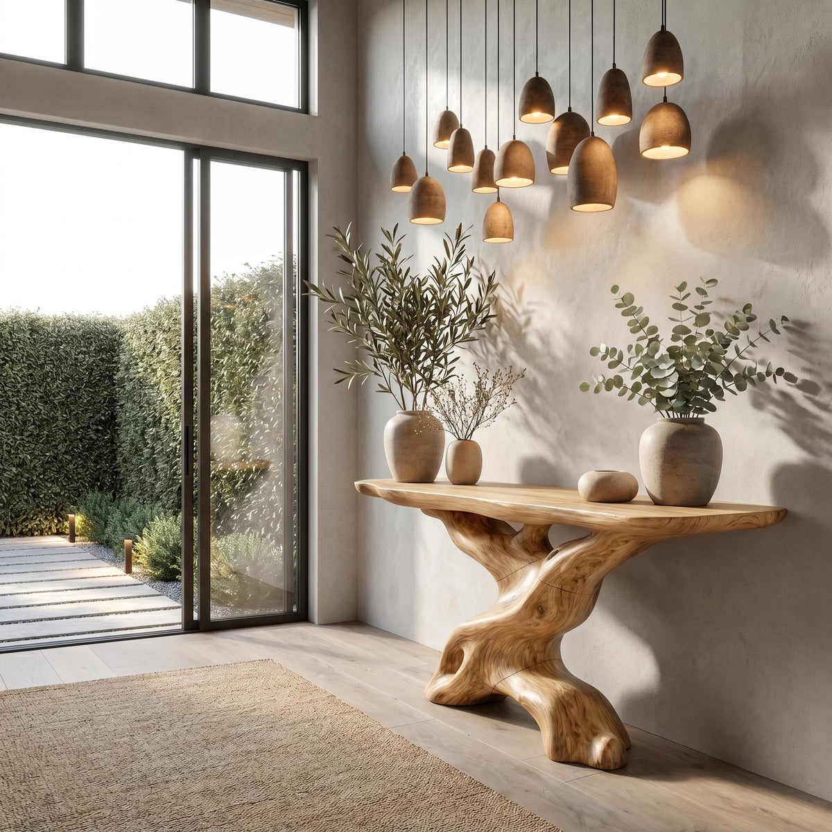 Live Edge Console Table with Sculptural Wood Base, Solid Wood Sofa Accent Table for Living Room
