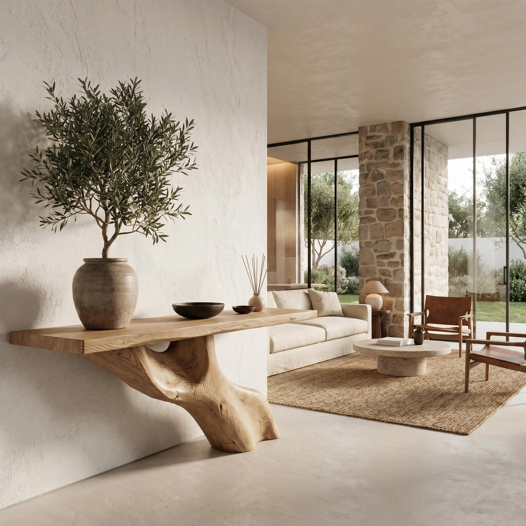 Tree Inspired Console Table, Rustic Live Edge Wood Top Slab with Natural Tree Root Base for Hallway & Foyer