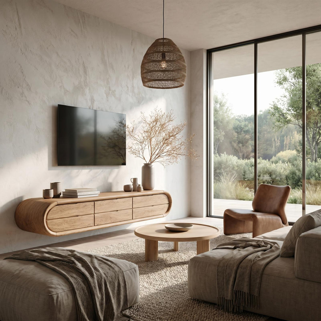 Organic Floating TV Cabinet, Sculptural Curved Solid Wood Wall Mounted Media Console Shelf for Living Room