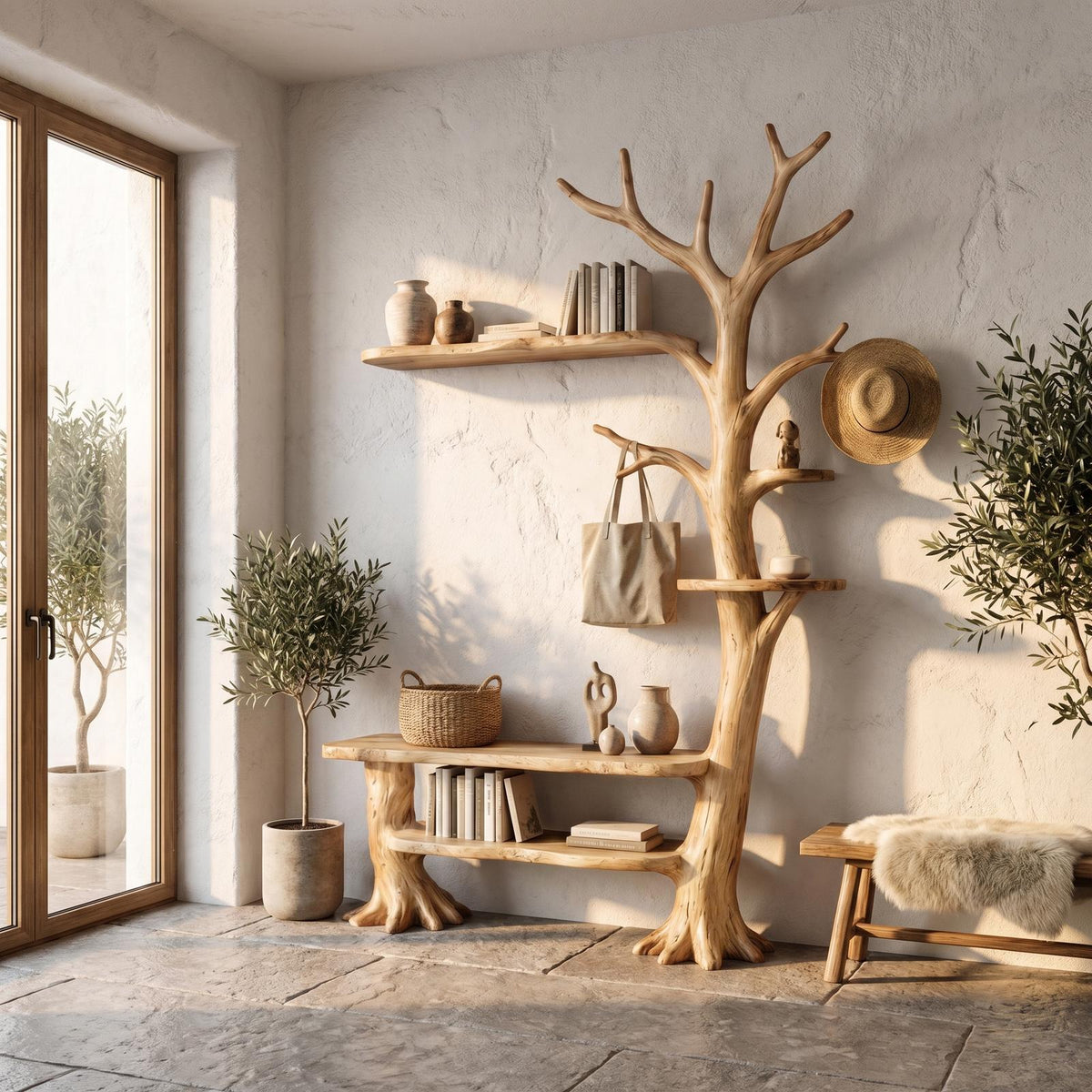 Rustic Tree Coat Rack with Integrated Bench and Floating Shelves, Wood Entryway Hall Tree
