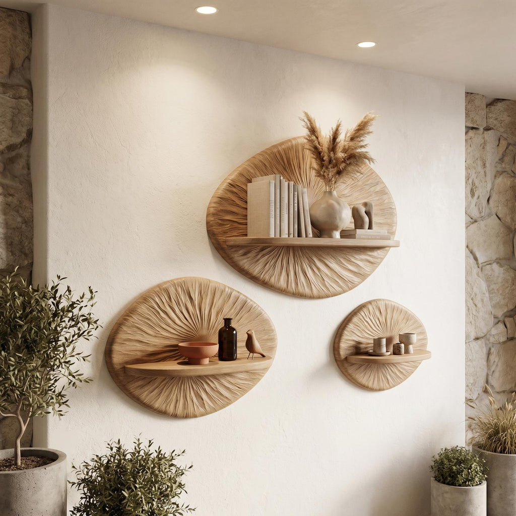 Round Sunburst Floating Wall Shelf, Decorative Handcrafted Solid Wood Display Ledge for Living Room