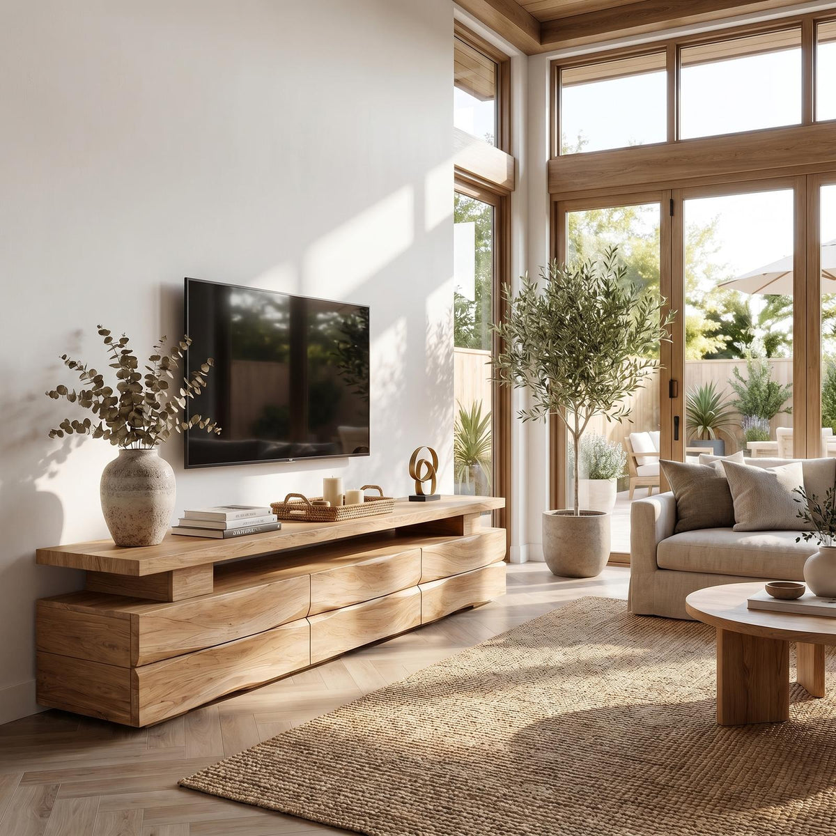 Rustic TV Cabinet with Wave Front Drawers & Open Storage Shelf, Solid Wood Media Entertainment Stand