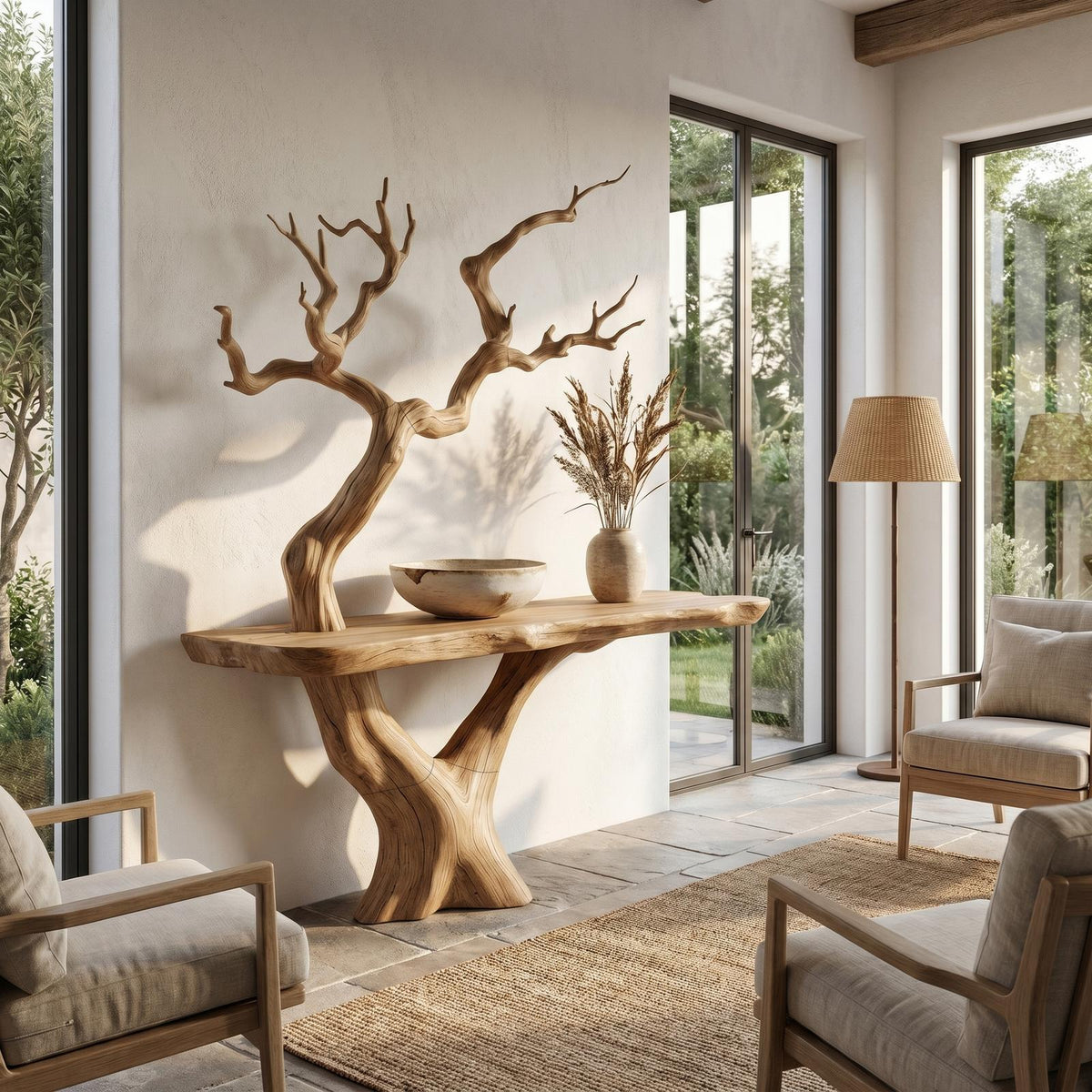 Rustic Live Edge Console Table with Sculptural Tree Branch Base, Handcrafted Solid Wood Foyer Sofa Table for Entryway & Living Room, SINLHACS613