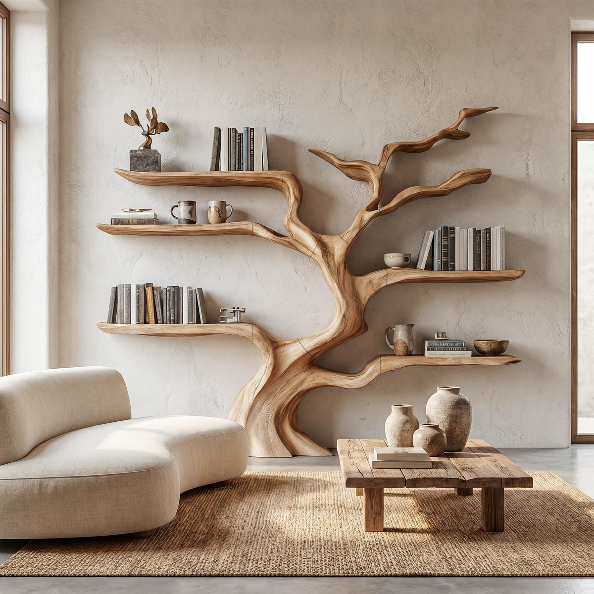 Nature-Inspired Tree Bookshelf, Floating Wooden Shelves, Tree-Shaped Bookcase for Wall