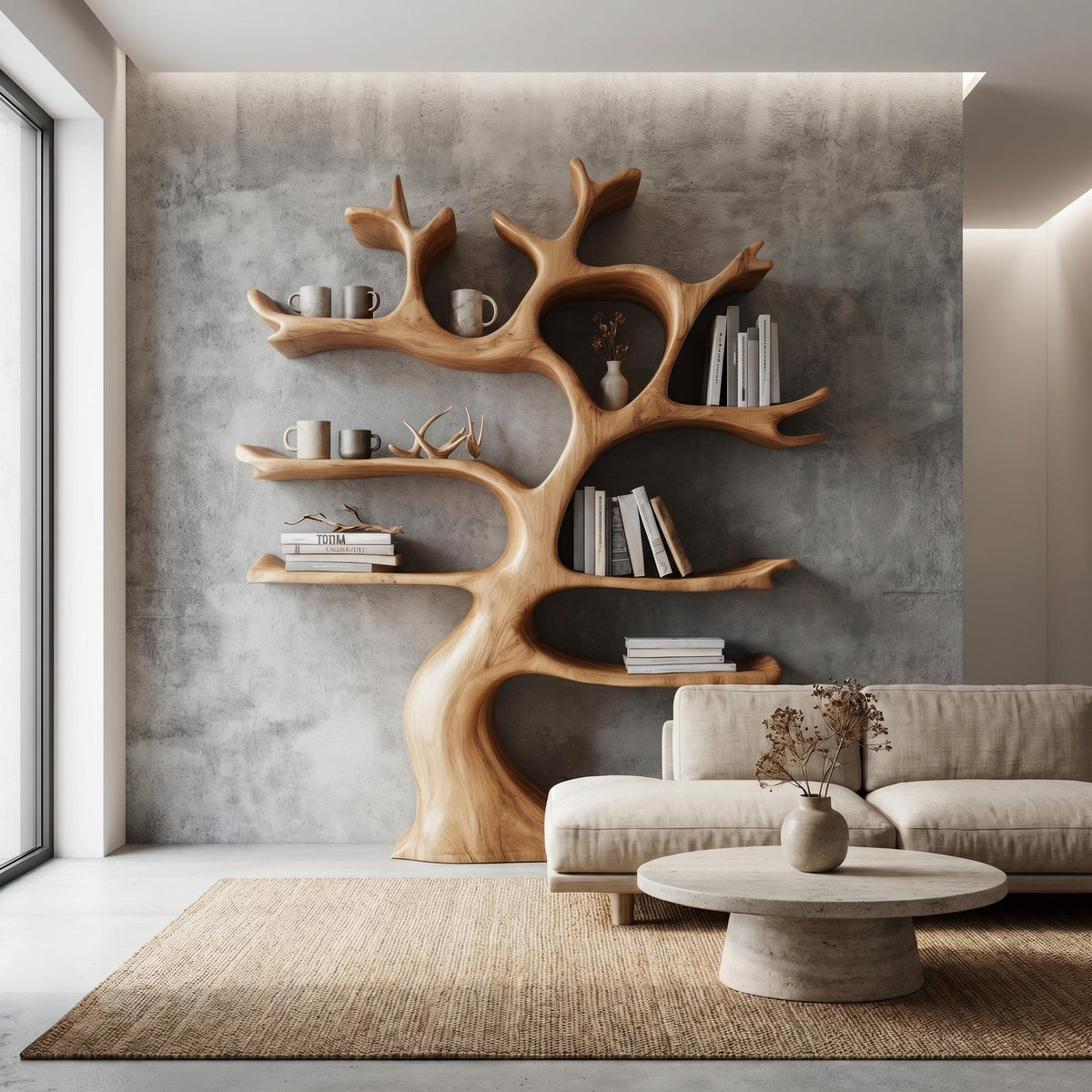 Organic Modern Tree Wall Shelf, Branch-Inspired Bookcase & Floating Storage Display