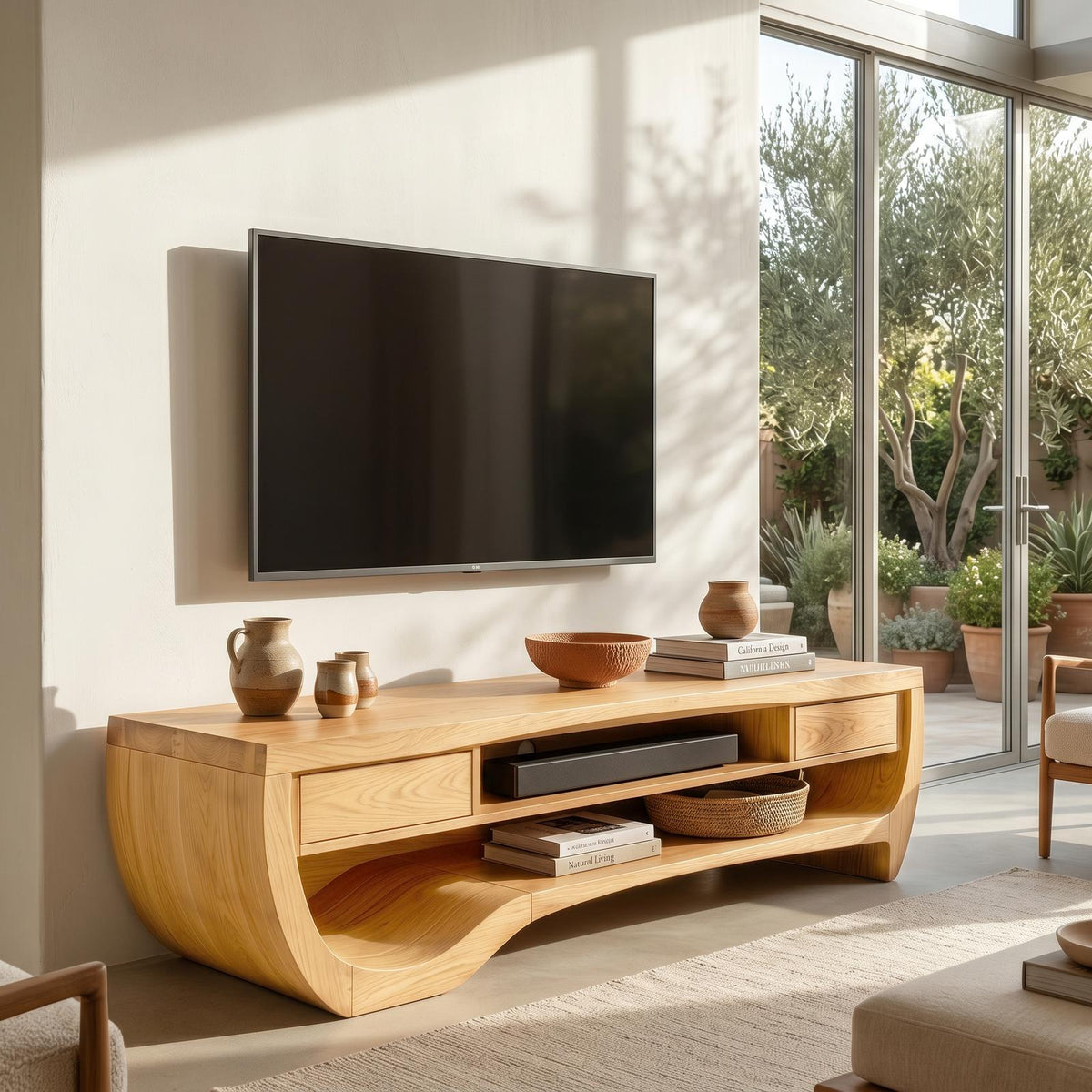 Organic TV Cabinet with Open Storage & Sculptural Curved Wood Design, Solid Wood Media Console TV Stand