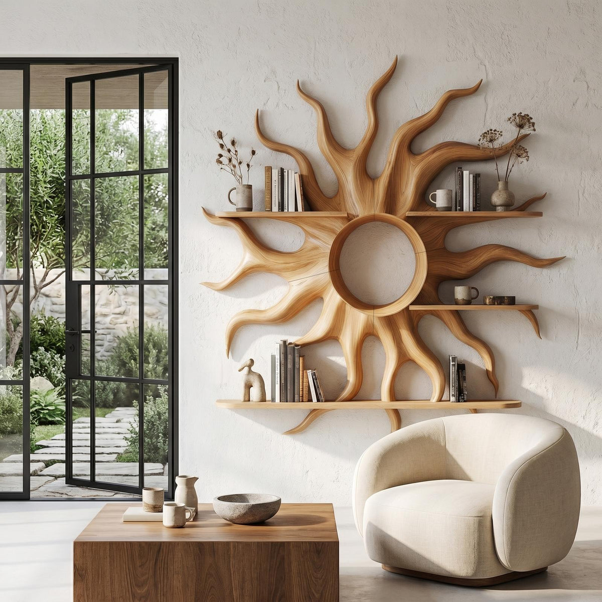 Sculptural Sun Wall Shelf, Floating Wooden Display Rack & Sunburst Wall Art Decor